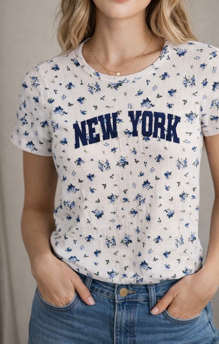 Vinyl Threads New York Floral Baby Tee Small Embroidered Short Sleeve